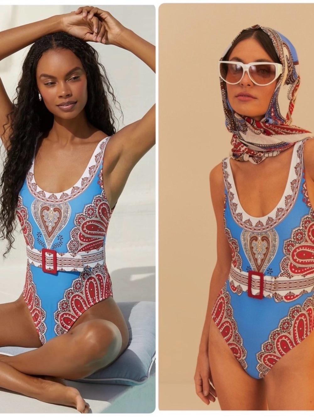 FARM Rio Blue Paisley Belted One-Piece Swimsuit with Red Accents